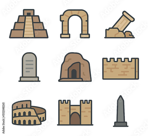 Ancient Architecture Icons. Flat icon set of ancient architecture and ruins: ziggurat, stone arch, collapsed
