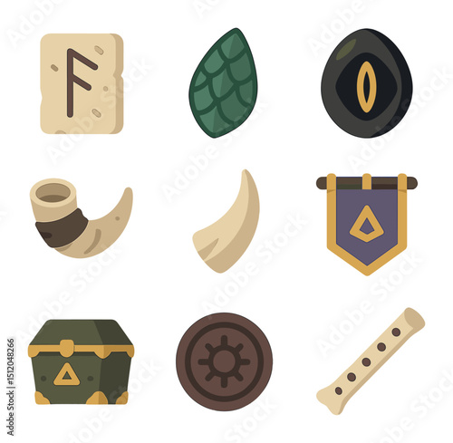 Ancient Relic Icons. Flat icon set of ancient magical relics: rune tablet, dragon scale, obsidian eye,