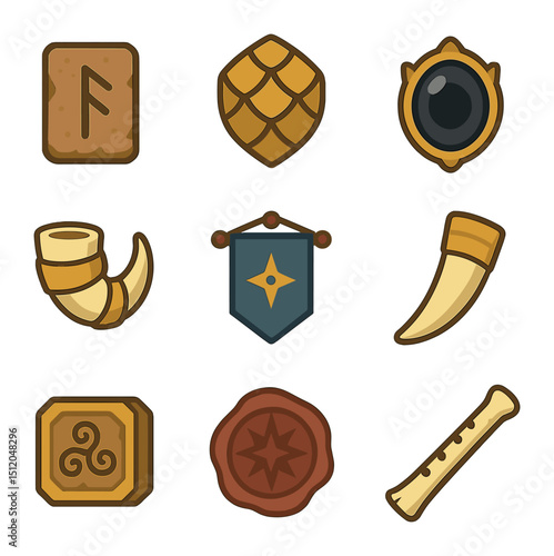 Ancient Relic Icons. Flat icon set of ancient magical relics: rune tablet, dragon scale, obsidian eye,