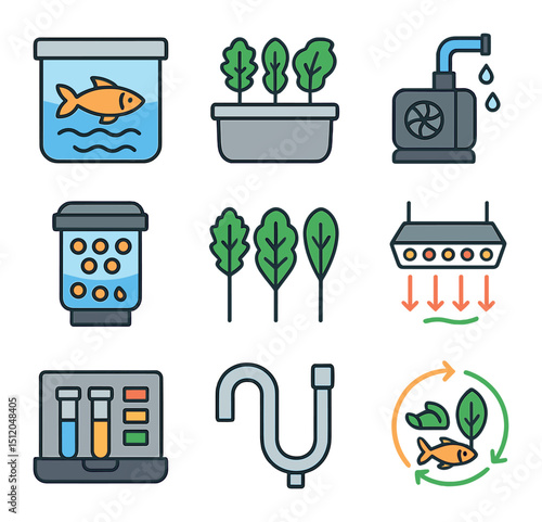 Aquaponics Icons Set. Flat icon set of aquaponics systems: fish tank, grow bed, water pump, biofilter icon,