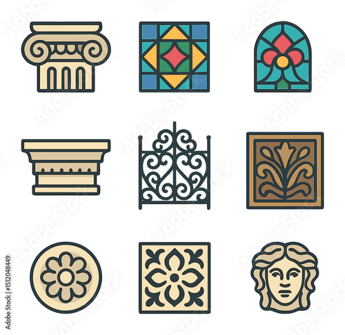 Architectural Icon Grid. Flat icon set of architectural decorative elements: column capital, mosaic tile,