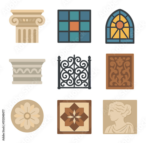 Architectural Icon Grid. Flat icon set of architectural decorative elements: column capital, mosaic tile,