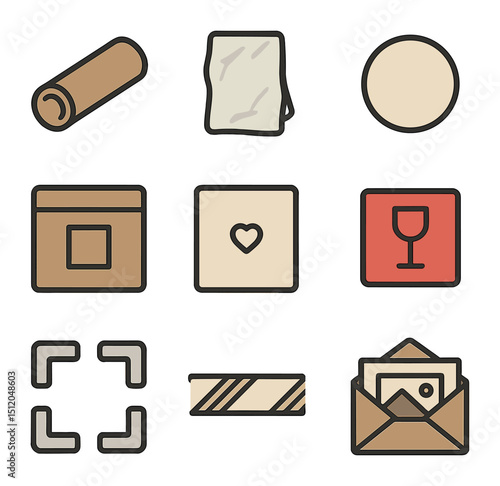 Art Packaging Icons. Flat icon set of packaging for art prints: cardboard tube, tissue wrap, sticker seal,