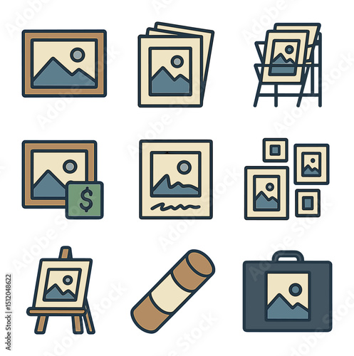 Art Print Icon Set. Flat icon set of art prints for sale in the studio: framed print, stack of art papers,