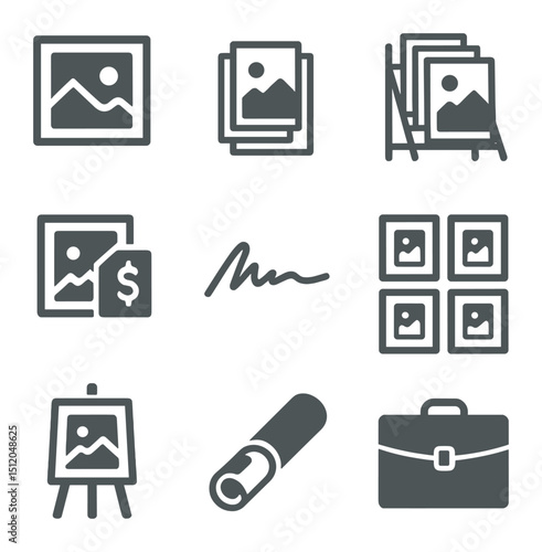 Art Print Icon Set. Flat icon set of art prints for sale in the studio: framed print, stack of art papers,
