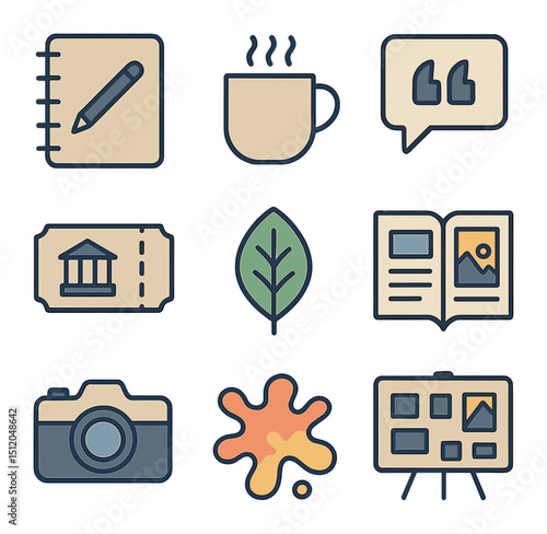 Artistic Inspiration Icons. Flat icon set of artistic inspiration objects: sketchbook, coffee mug,