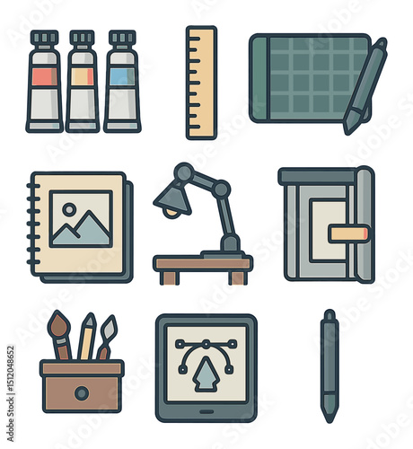 Artist Tools Icons. Flat icon set of artist tools and workspace: paint tubes, ruler, cutting mat, stylus pen,
