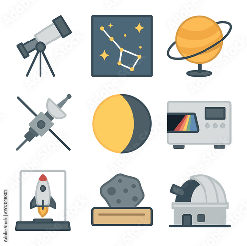 Astronomy Icon Grid. Flat icon set of astronomy experiments: telescope, star chart, planet model, space probe,