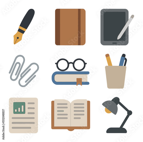 Author Tools Icons. Flat icon set of author tools and accessories: fountain pen, writing journal, tablet with
