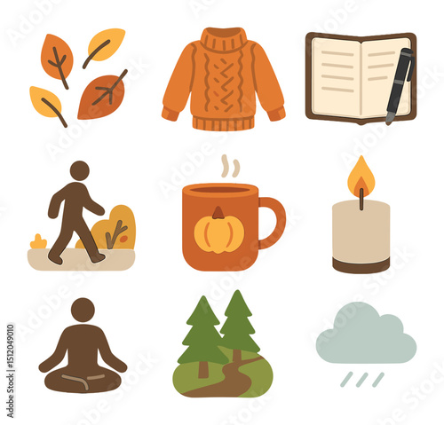 Autumn Clarity Icons. Flat icon set of autumn mental clarity: falling leaves, cozy sweater, journal with pen,