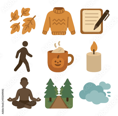 Autumn Clarity Icons. Flat icon set of autumn mental clarity: falling leaves, cozy sweater, journal with pen,