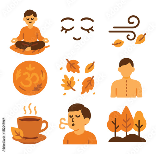 Autumn Meditation Icon Set. Flat icon set of autumn-inspired meditation: sitting on leaf mat, closed eyes icon
