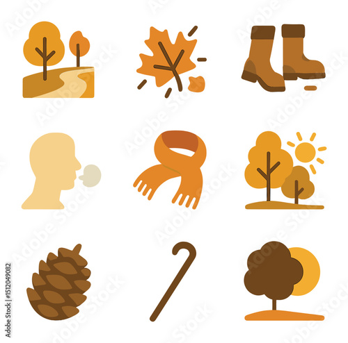 Autumn Walk Icons. Flat icon set of autumn walks for clarity: park path, leaf crunch icon, boots walking,