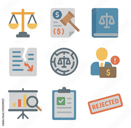 Bankruptcy Law Icons. Flat icon set of bankruptcy law symbols: scales of justice, balance sheet with gavel,