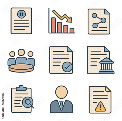 Bankruptcy Process Icons. Flat icon set of bankruptcy case process: Chapter 11 document, liquidation chart,