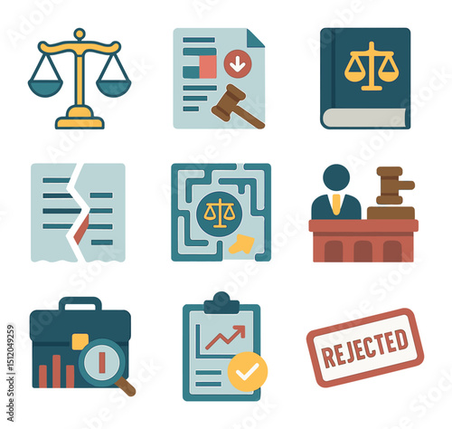 Bankruptcy Law Icons. Flat icon set of bankruptcy law symbols: scales of justice, balance sheet with gavel,