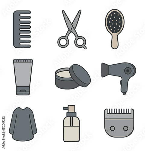 Barber Tool Icons. Flat icon set of barber styling tools: wide-tooth comb, styling scissors, paddle brush,