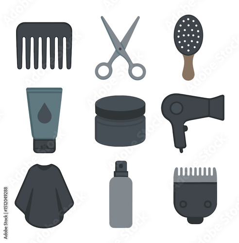 Barber Tool Icons. Flat icon set of barber styling tools: wide-tooth comb, styling scissors, paddle brush,