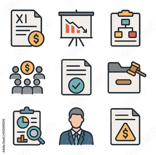 Bankruptcy Process Icons. Flat icon set of bankruptcy case process: Chapter 11 document, liquidation chart,
