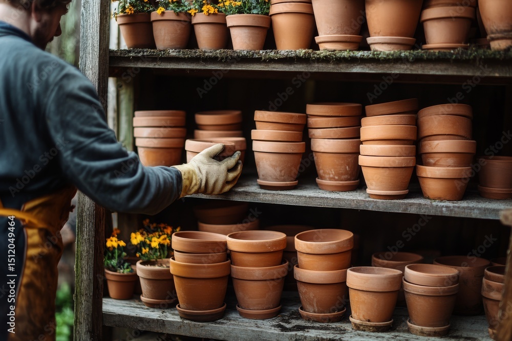 Gardener Selecting Terracotta Pots from Wooden Shelf in Greenhouse Gardener Selecting Terracotta Pots from Wooden Shelf in Greenhouse