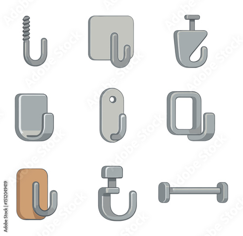 Bathroom Hardware Icons. Flat icon set of bathroom wall hardware: wall screw hook, adhesive pad, nail-mounted