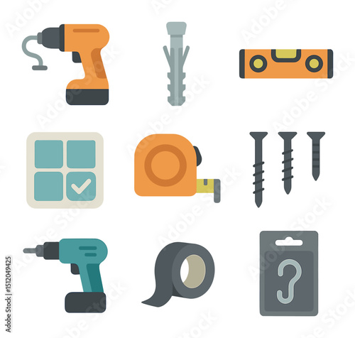 Bathroom Renovation Tools. Flat icon set of bathroom renovation tools: drill with hook mount, wall anchor,
