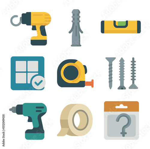 Bathroom Renovation Tools. Flat icon set of bathroom renovation tools: drill with hook mount, wall anchor,