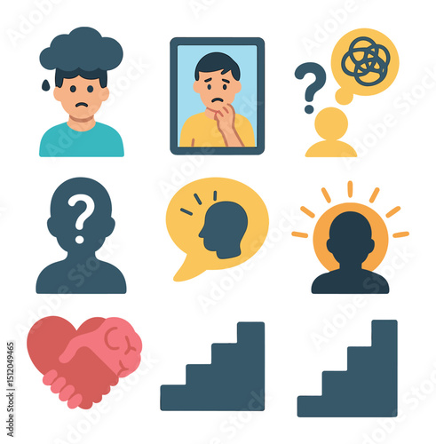 Icons of Battling Doubt. Flat icon set of battling self-doubt: person with storm cloud over head, mirror with