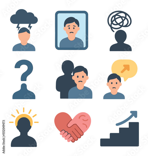 Icons of Battling Doubt. Flat icon set of battling self-doubt: person with storm cloud over head, mirror with