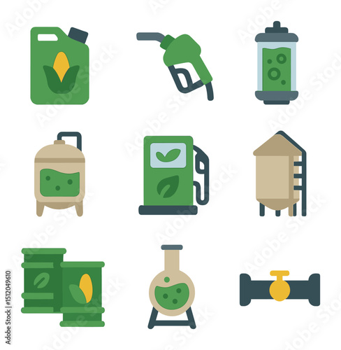 Biofuel Production Icons. Flat icon set of biofuel production: bioethanol container, biodiesel nozzle, algae