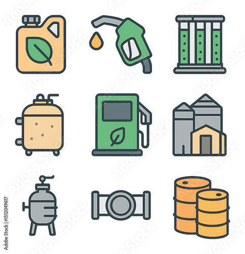 Biofuel Production Icons. Flat icon set of biofuel production: bioethanol container, biodiesel nozzle, algae