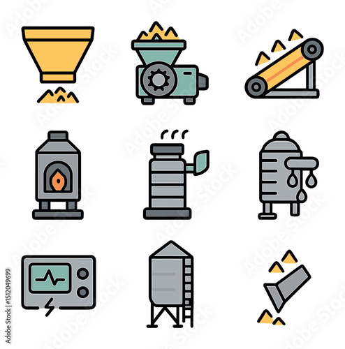 Biomass Equipment Icons. Flat icon set of industrial biomass equipment: feed hopper, biomass grinder, conveyor