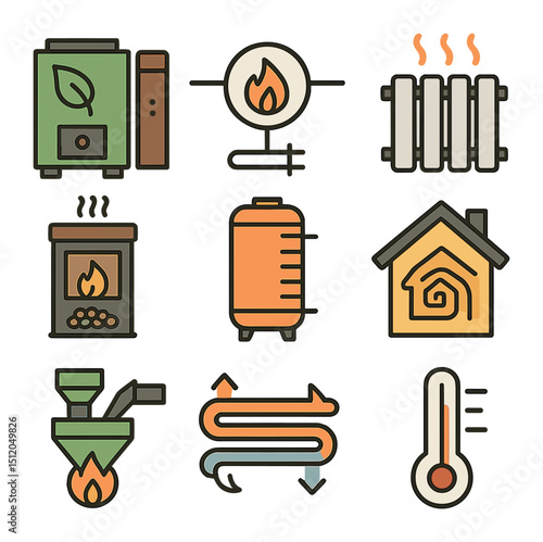 Biomass Heating Solutions. Flat icon set of biomass heating solutions: biomass boiler, central heating icon,