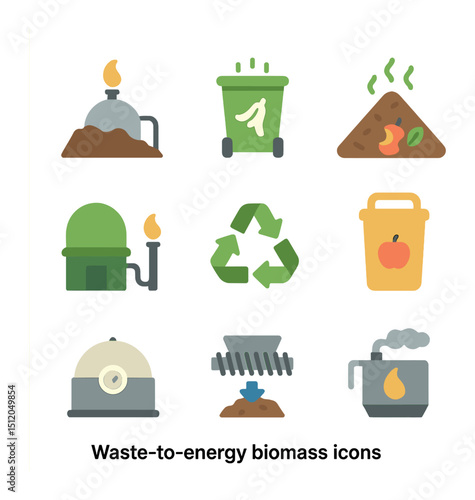Biomass Waste Icons. Flat icon set of waste-to-energy biomass: landfill gas system, organic bin, compost pile,