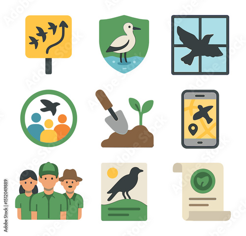 Bird Conservation Icons. Flat icon set of bird conservation during migration: migration corridor sign,