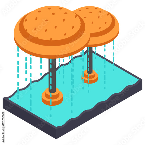 Urban beach style spray pool isometric Concept, Splash fountains vector icon design, water world symbol, recreation play ground Sign, Amusement or theme park stock illustration