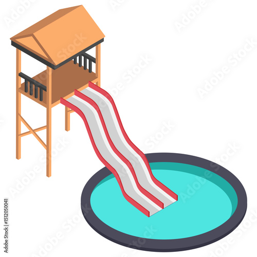 water slide isometric Concept,  flume or water chute vector icon design, water world symbol, recreation play ground Sign, Amusement or theme park stock illustration