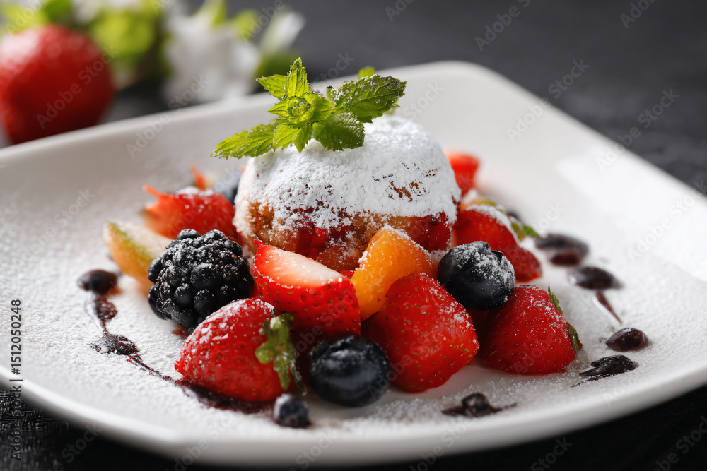 a plate of fruit with powdered sugar and berries a plate of fruit with powdered sugar and berries