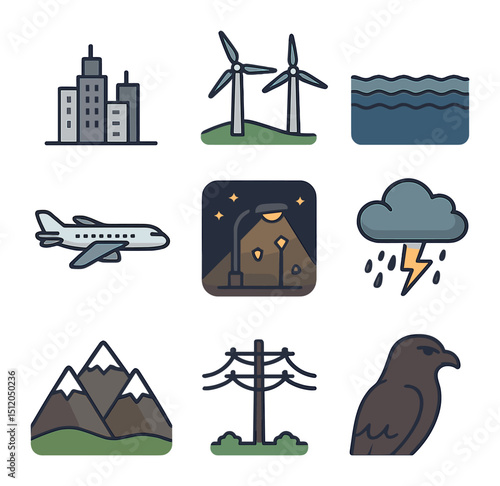 Bird Migration Challenges. Flat icon set of bird migration obstacles: city skyline, wind turbines, ocean