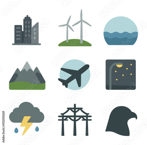Bird Migration Challenges. Flat icon set of bird migration obstacles: city skyline, wind turbines, ocean