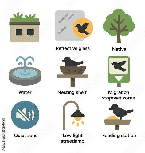Bird-Friendly Urban Icons. Flat icon set of bird-friendly urban migration elements: green rooftop, reflective