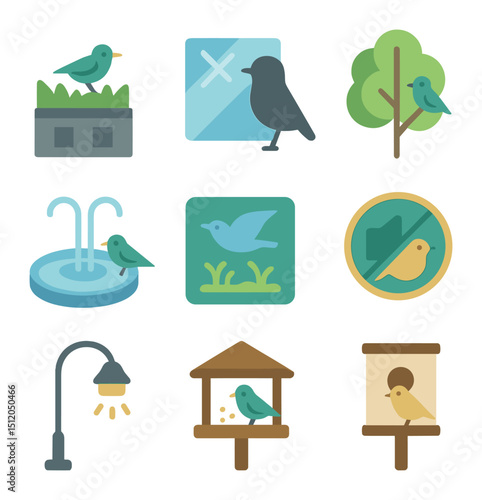 Bird-Friendly Urban Icons. Flat icon set of bird-friendly urban migration elements: green rooftop, reflective