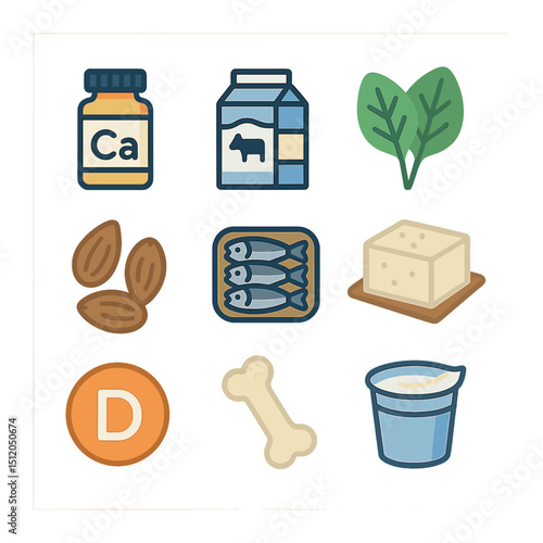 Bone Health Nutrition Icons. Flat icon set of bone-strengthening nutrition: calcium supplement, fortified milk