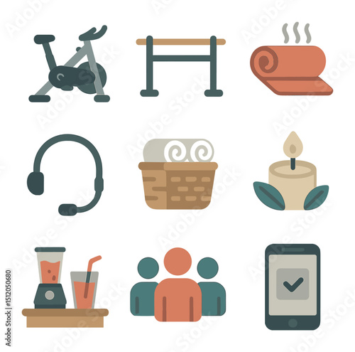 Boutique Fitness Icons. Flat icon set of boutique fitness studio trends: spin bike, barre rail, hot yoga mat,