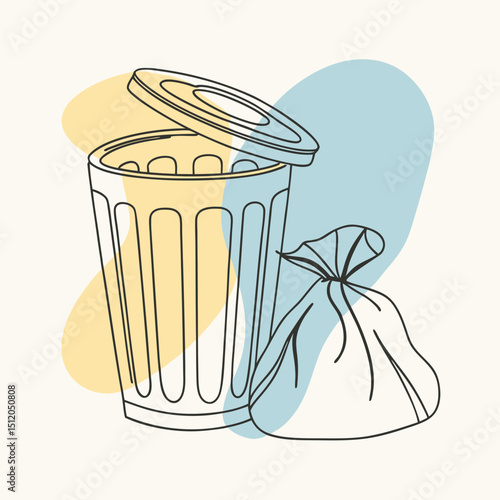 Outline Drawing of Trash Can with Lid and Bag, Against Colorful Abstract Background