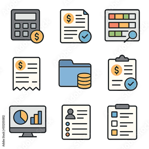 Budget Tracking Icons. Flat icon set of budget and resource tracking: calculator, cost estimate sheet,