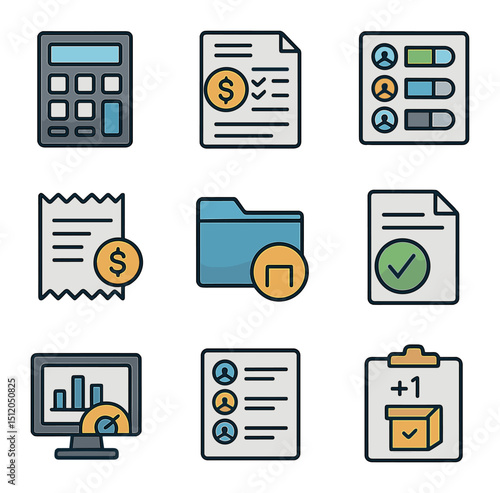 Budget Tracking Icons. Flat icon set of budget and resource tracking: calculator, cost estimate sheet,