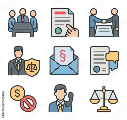 Business Icon Set. Flat icon set of business negotiations and legal advice: boardroom negotiation, contract
