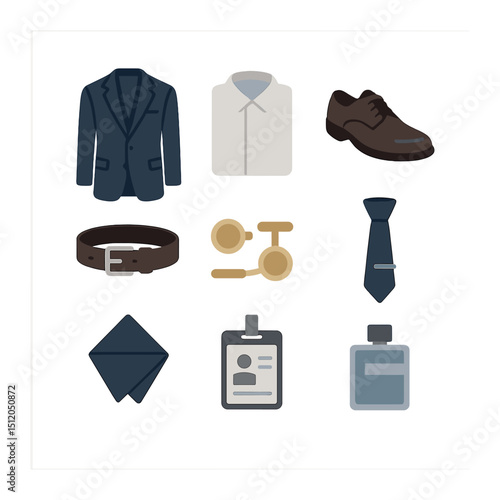 Business Attire Icons. Flat icon set of professional business attire essentials: navy suit, dress shirt,