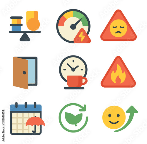 Burnout Prevention Icons. Flat icon set of burnout prevention icons: workload balance scale, energy meter,